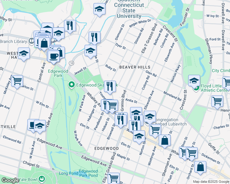 map of restaurants, bars, coffee shops, grocery stores, and more near 71 Osborn Avenue in New Haven