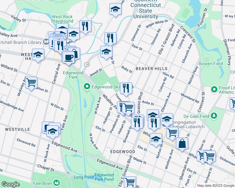 map of restaurants, bars, coffee shops, grocery stores, and more near 51 Osborn Avenue in New Haven