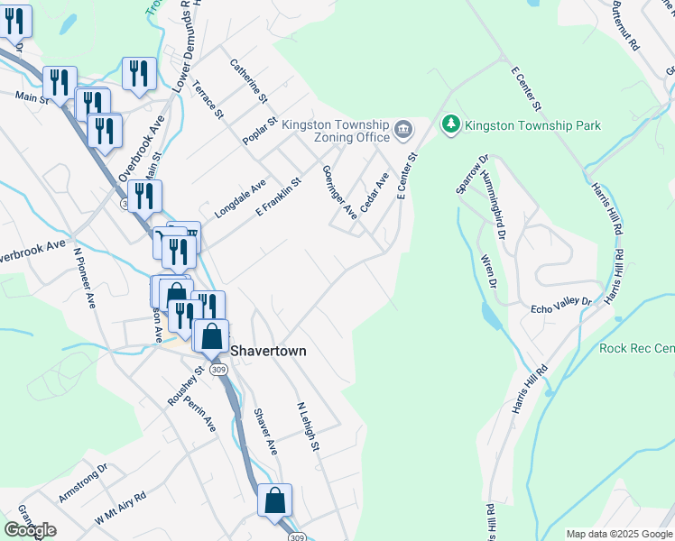map of restaurants, bars, coffee shops, grocery stores, and more near 100 East Center Street in Shavertown