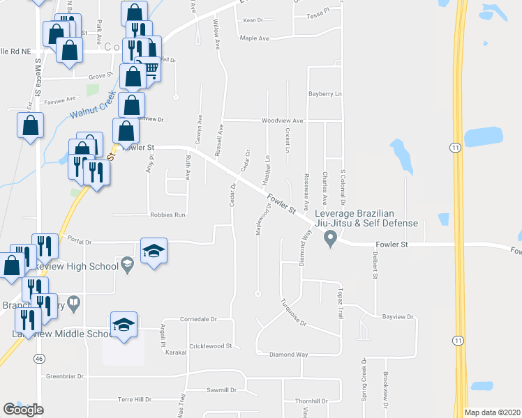 map of restaurants, bars, coffee shops, grocery stores, and more near 346 Fowler Street in Cortland