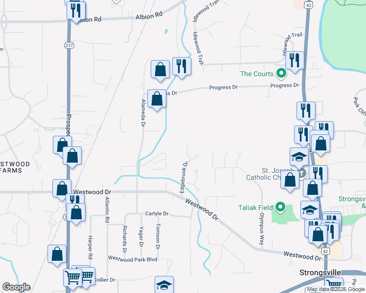 map of restaurants, bars, coffee shops, grocery stores, and more near 12066 Edgehill Oval in Strongsville