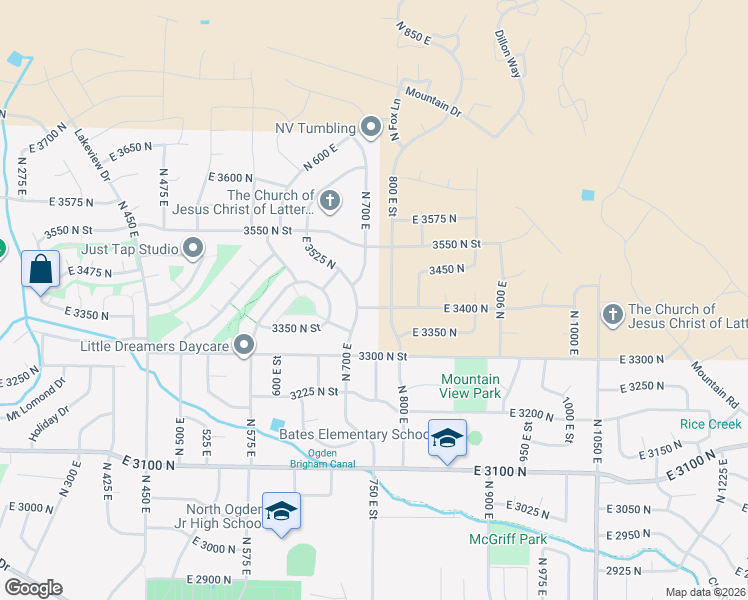 map of restaurants, bars, coffee shops, grocery stores, and more near 746 East 3400 North in North Ogden
