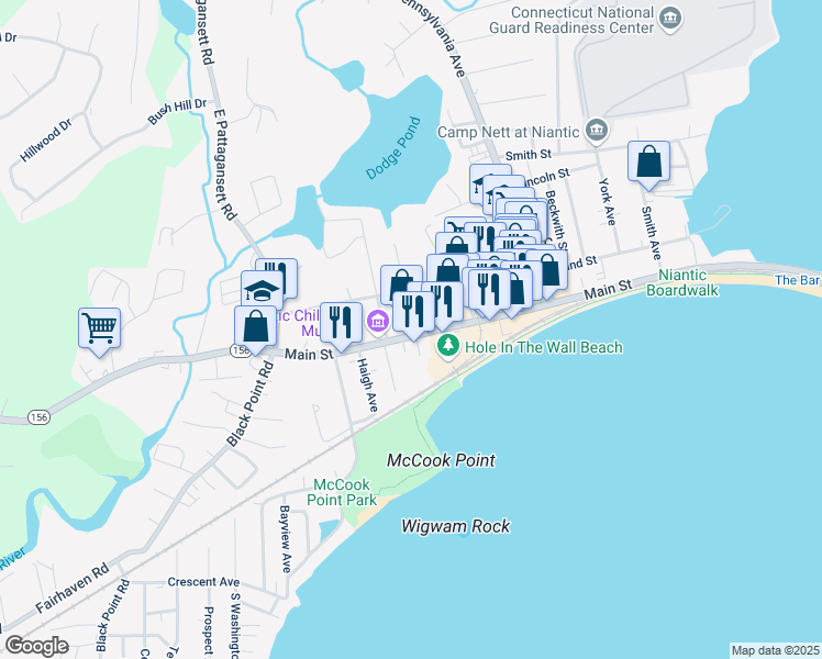 map of restaurants, bars, coffee shops, grocery stores, and more near 377 Main Street in East Lyme