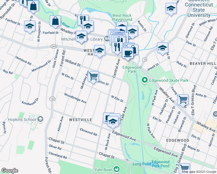 map of restaurants, bars, coffee shops, grocery stores, and more near 500 Central Avenue in New Haven