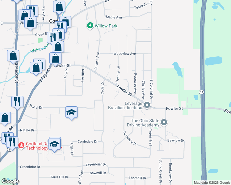 map of restaurants, bars, coffee shops, grocery stores, and more near 181 Maplewood Drive in Cortland