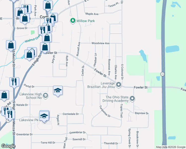 map of restaurants, bars, coffee shops, grocery stores, and more near 346 Fowler Street in Cortland