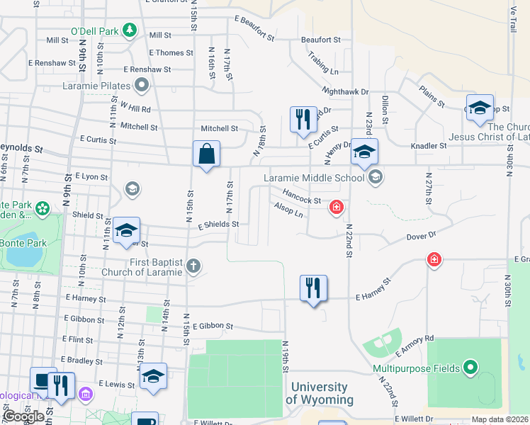 map of restaurants, bars, coffee shops, grocery stores, and more near 1365 North 18th Street in Laramie