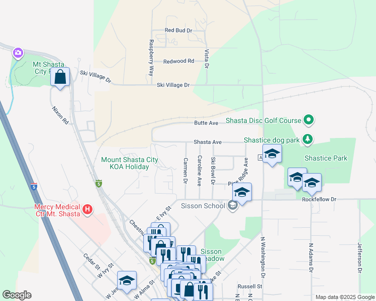 map of restaurants, bars, coffee shops, grocery stores, and more near 185 Shasta Avenue in Mount Shasta