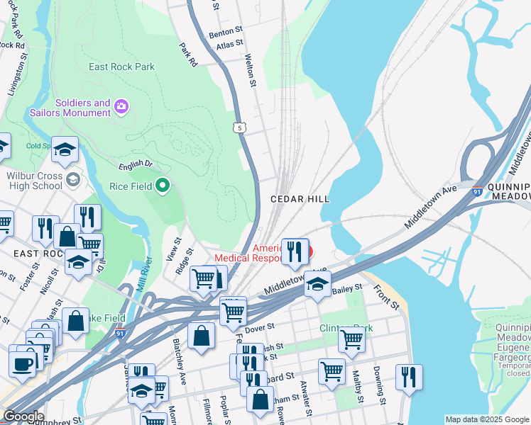 map of restaurants, bars, coffee shops, grocery stores, and more near 1495 State Street in New Haven