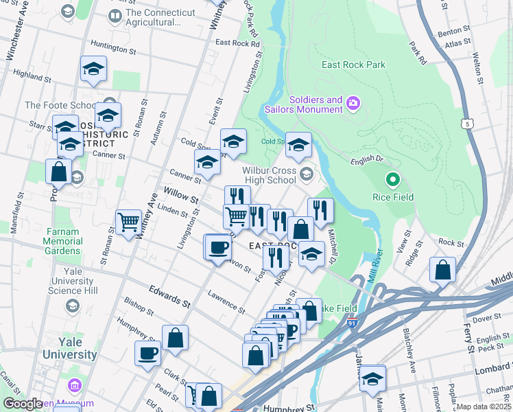 map of restaurants, bars, coffee shops, grocery stores, and more near 847 Orange Street in New Haven