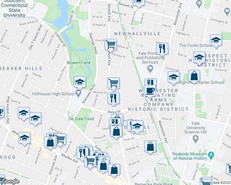 map of restaurants, bars, coffee shops, grocery stores, and more near 36 Shelton Avenue in New Haven