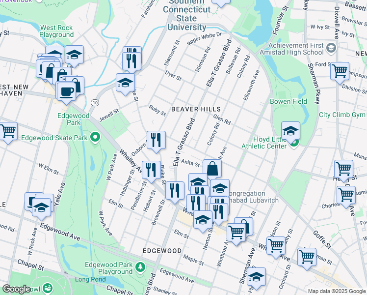map of restaurants, bars, coffee shops, grocery stores, and more near 1631 Ella T Grasso Boulevard in New Haven