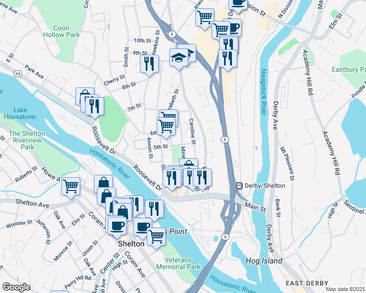map of restaurants, bars, coffee shops, grocery stores, and more near 166 Minerva Street in Derby