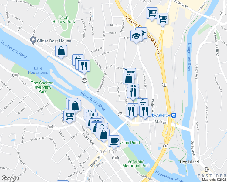 map of restaurants, bars, coffee shops, grocery stores, and more near 13 Lafayette Street in Derby