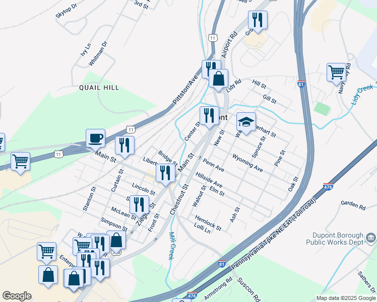 map of restaurants, bars, coffee shops, grocery stores, and more near 240 Main Street in Dupont