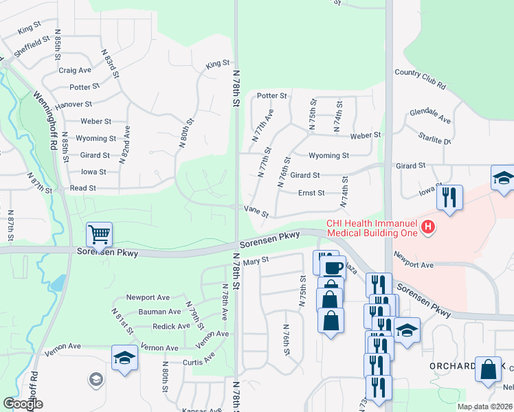 map of restaurants, bars, coffee shops, grocery stores, and more near 7259 North 77th Street in Omaha
