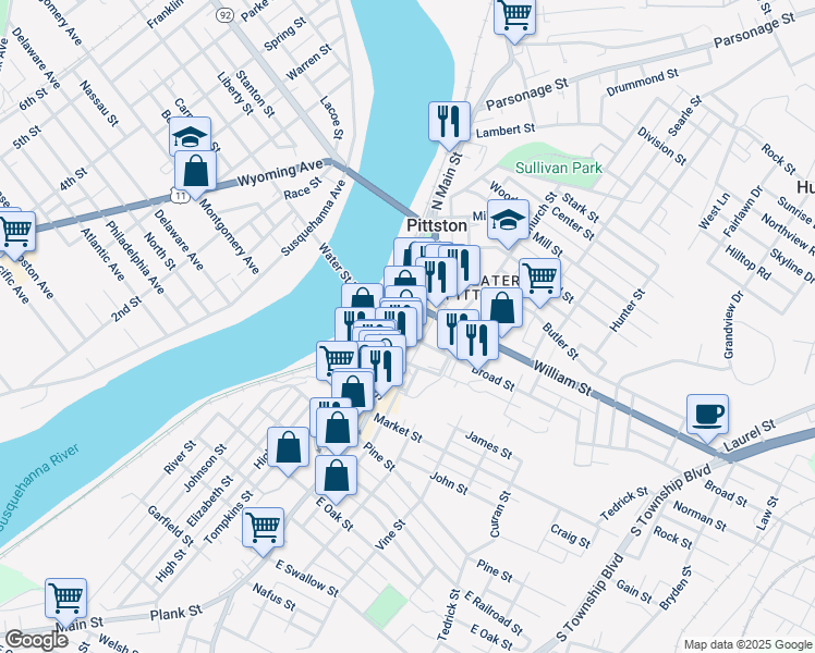 map of restaurants, bars, coffee shops, grocery stores, and more near 20 North Main Street in Pittston