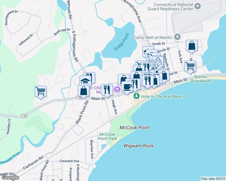 map of restaurants, bars, coffee shops, grocery stores, and more near 417 Main Street in East Lyme