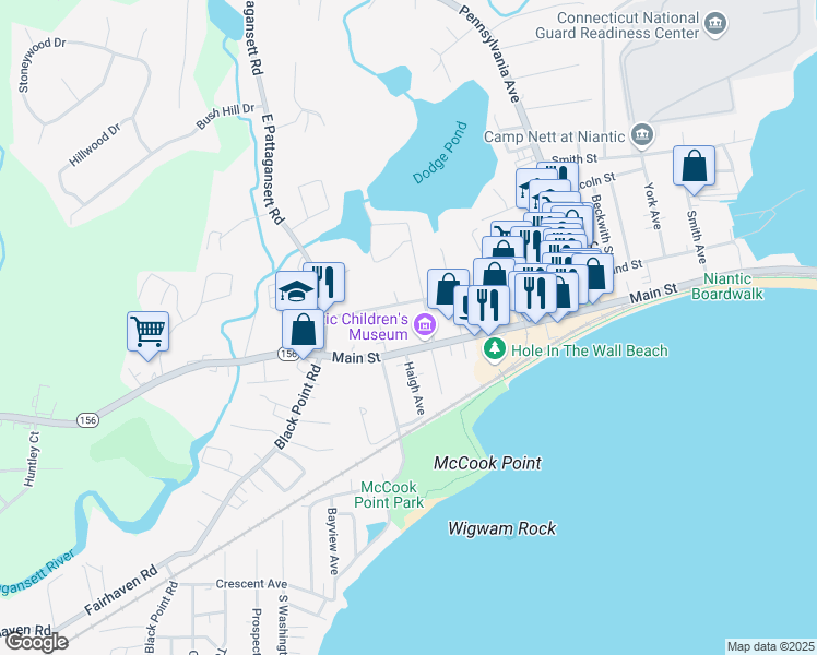 map of restaurants, bars, coffee shops, grocery stores, and more near 417 Main Street in East Lyme