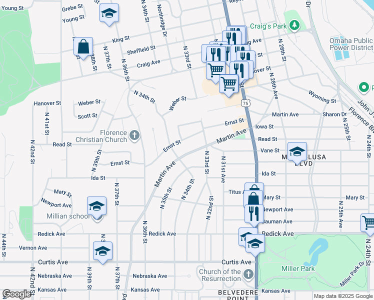 map of restaurants, bars, coffee shops, grocery stores, and more near 3332 Martin Avenue in Omaha
