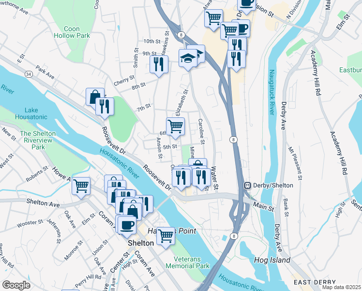 map of restaurants, bars, coffee shops, grocery stores, and more near Elizabeth Street in Derby