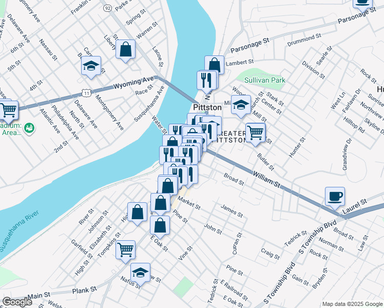 map of restaurants, bars, coffee shops, grocery stores, and more near 20 North Main Street in Pittston