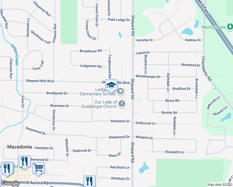 map of restaurants, bars, coffee shops, grocery stores, and more near 9130 Shepard Road in Macedonia