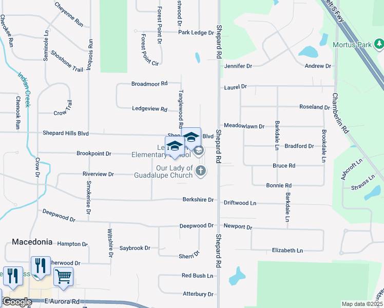 map of restaurants, bars, coffee shops, grocery stores, and more near 9130 Shepard Road in Macedonia