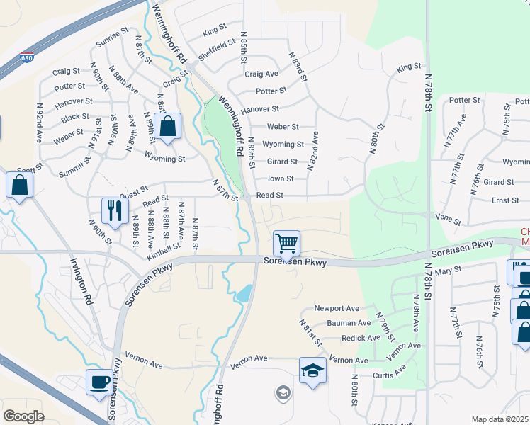 map of restaurants, bars, coffee shops, grocery stores, and more near 8409 Read Street in Omaha