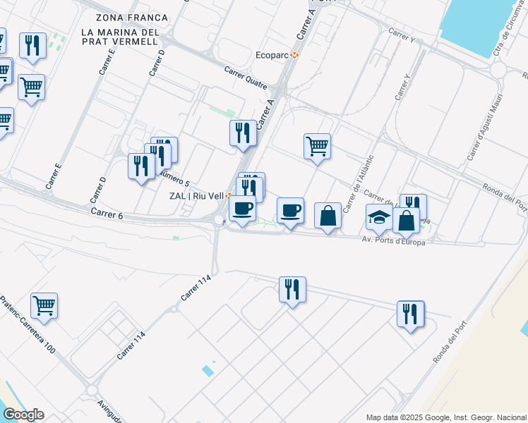 map of restaurants, bars, coffee shops, grocery stores, and more near 100 Avinguda Ports d'Europa in Barcelona
