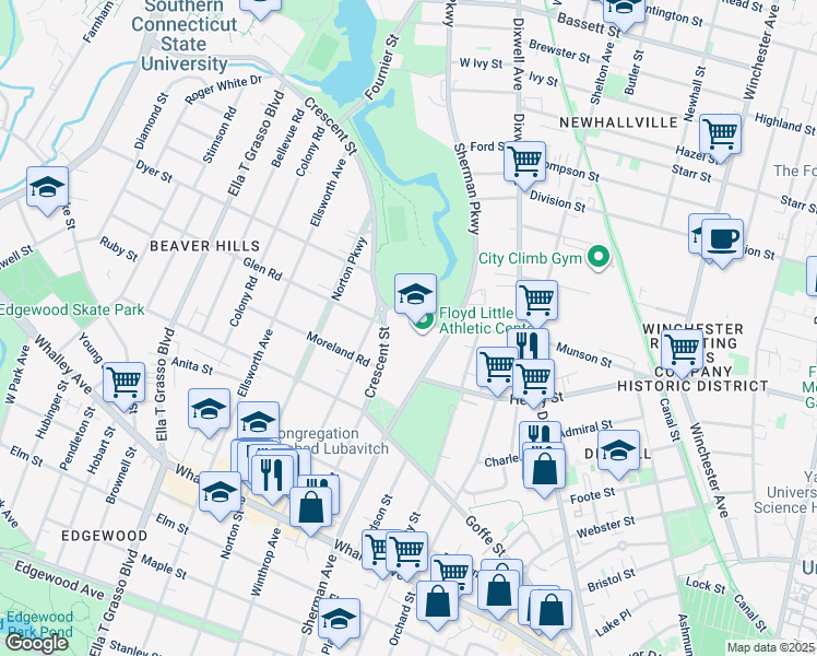 map of restaurants, bars, coffee shops, grocery stores, and more near 480 Sherman Parkway in New Haven