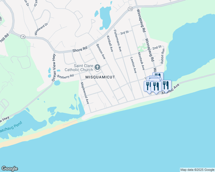 map of restaurants, bars, coffee shops, grocery stores, and more near 33 Crandall Avenue in Westerly