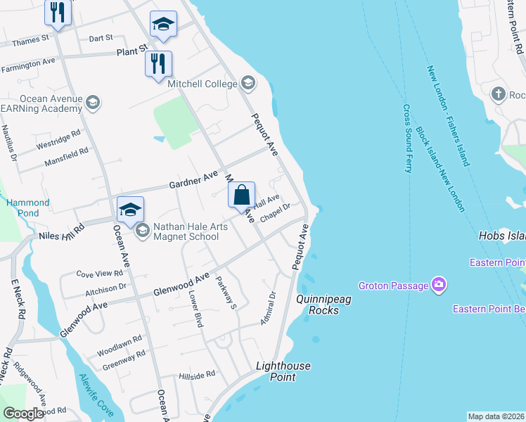 map of restaurants, bars, coffee shops, grocery stores, and more near 4 Harbor Lane in New London