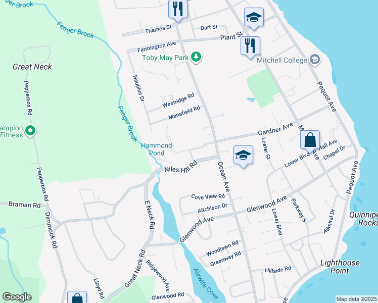 map of restaurants, bars, coffee shops, grocery stores, and more near 281 Gardner Avenue in New London