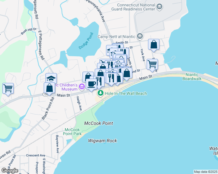 map of restaurants, bars, coffee shops, grocery stores, and more near 301 Main Street in East Lyme