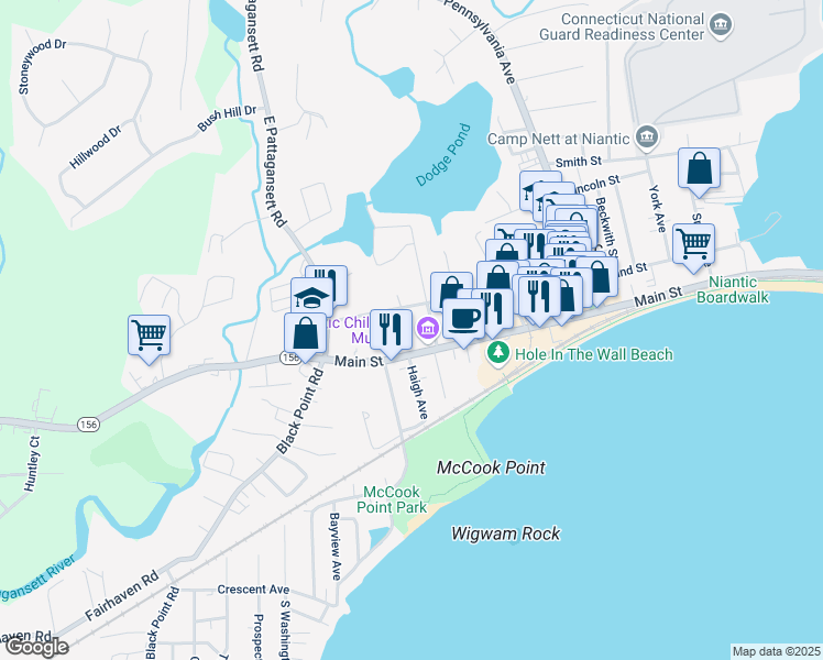 map of restaurants, bars, coffee shops, grocery stores, and more near 75 Hope Street in East Lyme