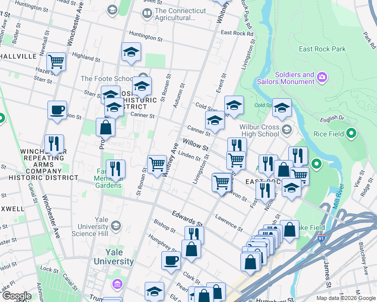 map of restaurants, bars, coffee shops, grocery stores, and more near 475 Whitney Avenue in New Haven