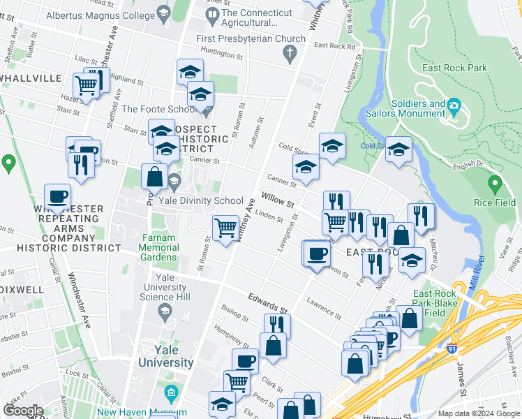 map of restaurants, bars, coffee shops, grocery stores, and more near 475 Whitney Avenue in New Haven