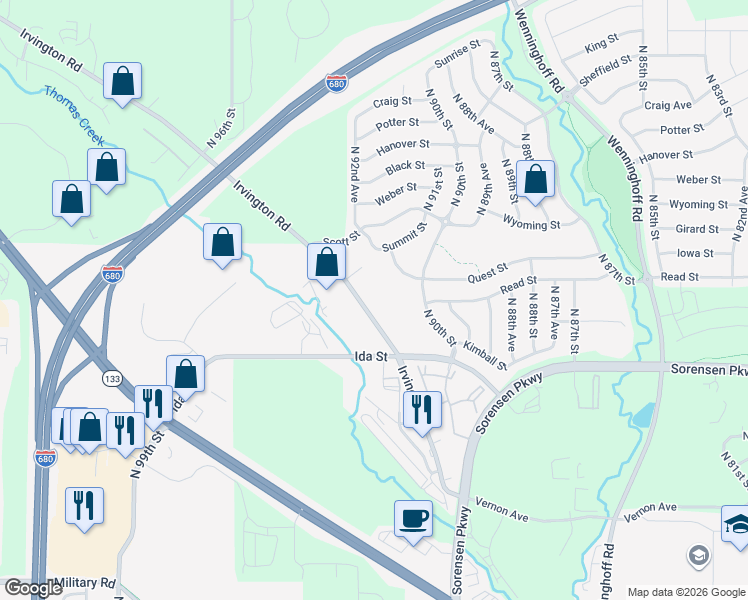 map of restaurants, bars, coffee shops, grocery stores, and more near 9021 Quest Street in Omaha