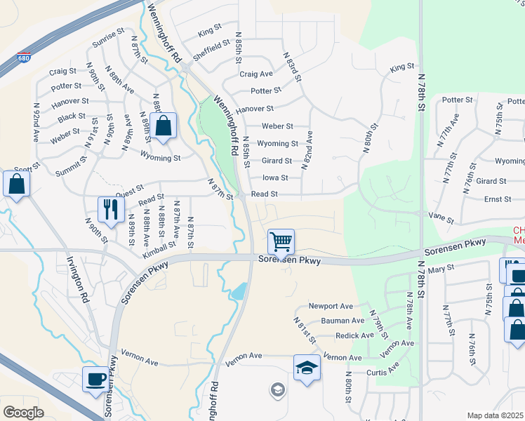 map of restaurants, bars, coffee shops, grocery stores, and more near 7001 North 85th Plaza in Omaha