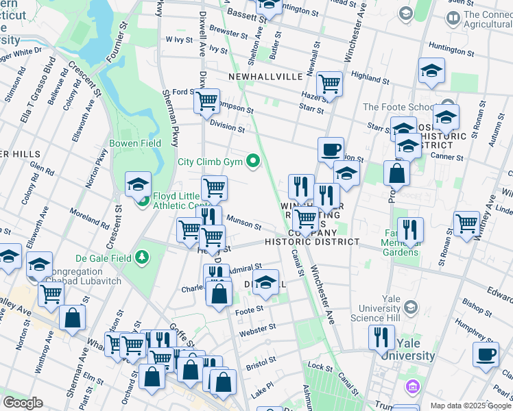map of restaurants, bars, coffee shops, grocery stores, and more near Farmington Canal Heritage Trail in New Haven