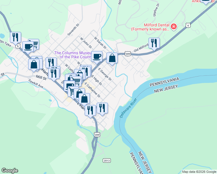 map of restaurants, bars, coffee shops, grocery stores, and more near Cranberry Alley in Milford