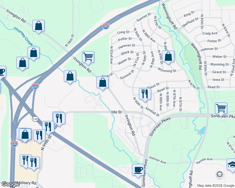 map of restaurants, bars, coffee shops, grocery stores, and more near 9021 Quest Street in Omaha
