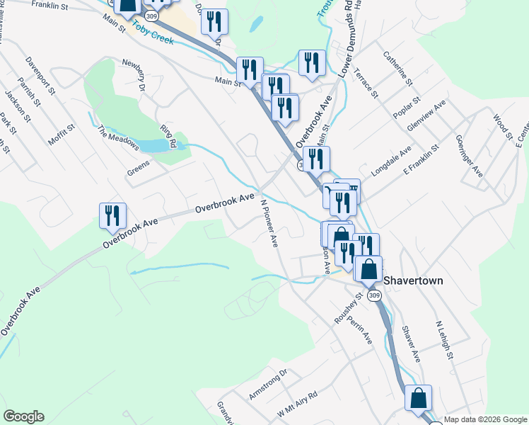 map of restaurants, bars, coffee shops, grocery stores, and more near 257 North Pioneer Avenue in Shavertown