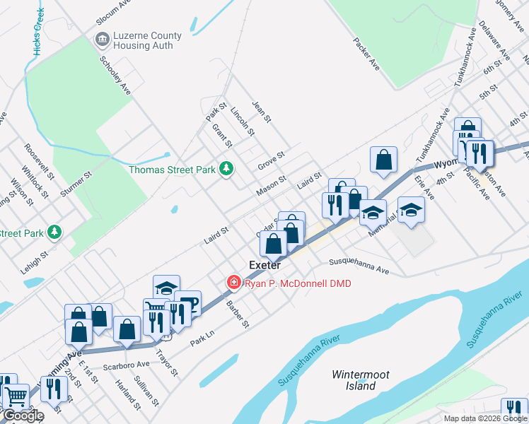 map of restaurants, bars, coffee shops, grocery stores, and more near 165 Grant Street in Exeter