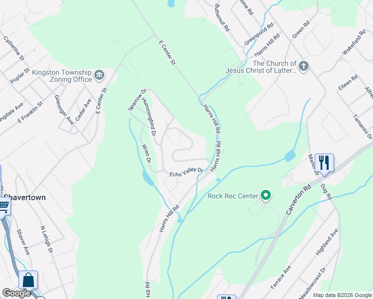 map of restaurants, bars, coffee shops, grocery stores, and more near Echo Valley Drive in Shavertown