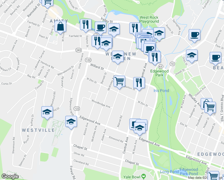 map of restaurants, bars, coffee shops, grocery stores, and more near 181 West Elm Street in New Haven