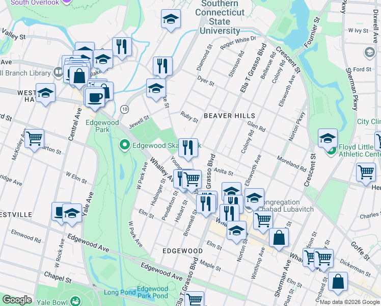 map of restaurants, bars, coffee shops, grocery stores, and more near 115 Blake Street in New Haven