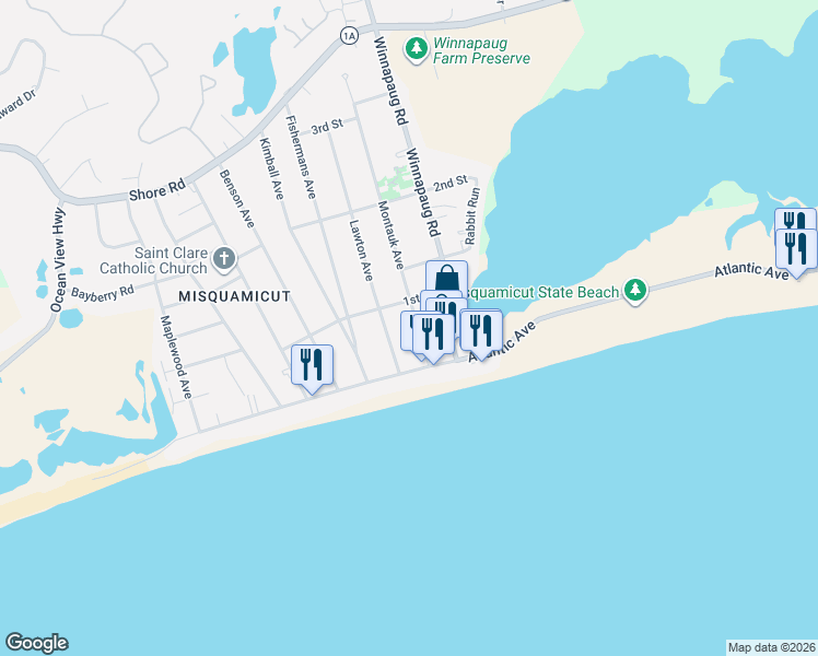 map of restaurants, bars, coffee shops, grocery stores, and more near 22 Winnapaug Road in Westerly