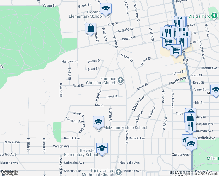 map of restaurants, bars, coffee shops, grocery stores, and more near 7152 North 36th Avenue Circle in Omaha